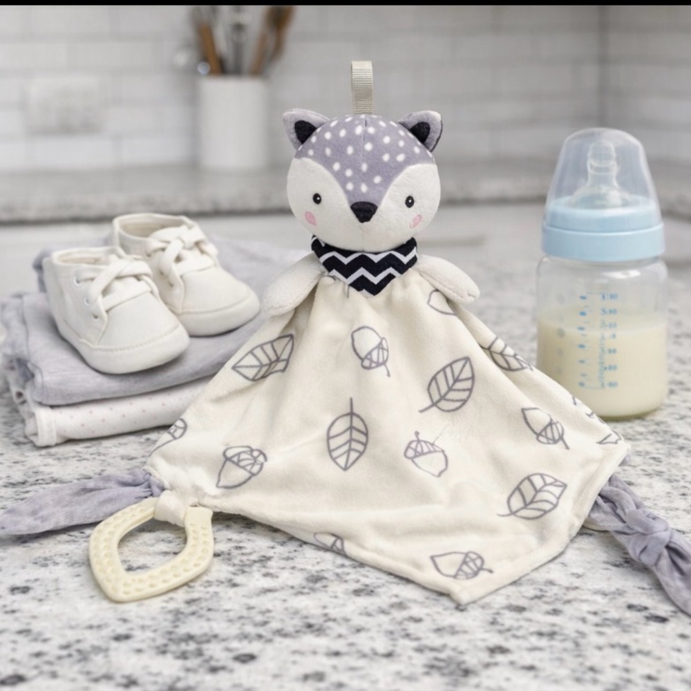 ALIPIS Grey and White Fox Baby Lovey Blanket Teething Ring Small 10"x10" Nunu